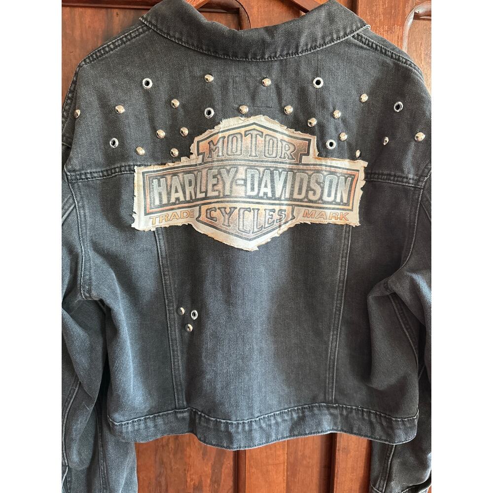 Custom Upcycled Black denim jacket with vintage Harley patchwork on the back - Picture 2 of 5